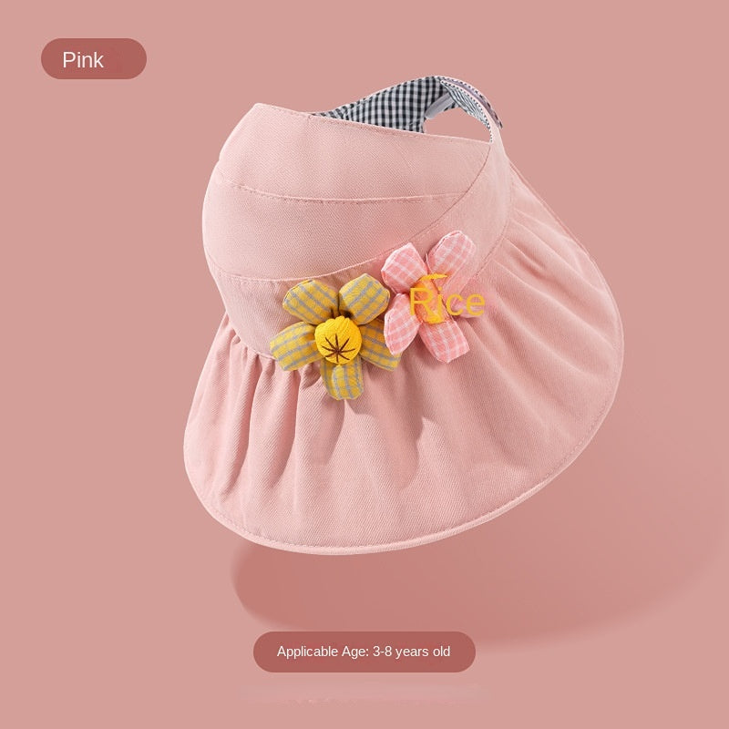 Girls Cartoon Embroidered Patch Drawstrings Sun Protection Hat