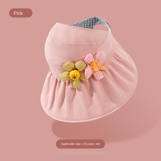 Girls Cartoon Embroidered Patch Drawstrings Sun Protection Hat