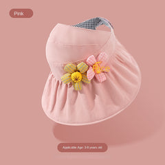 Girls Cartoon Embroidered Patch Drawstrings Sun Protection Hat