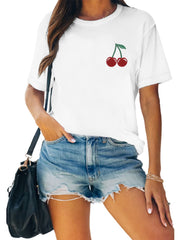 Cherry Print Short Sleeve T Shirt Crew Neck Summer Sports Tee for Women
