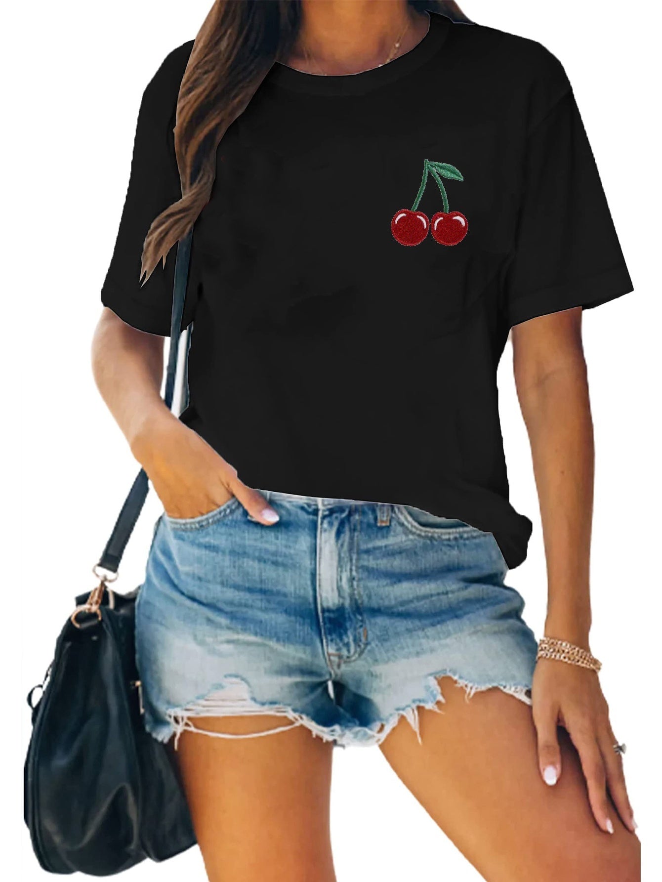 Cherry Print Short Sleeve T Shirt Crew Neck Summer Sports Tee for Women