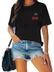 Cherry Print Short Sleeve T Shirt Crew Neck Summer Sports Tee for Women