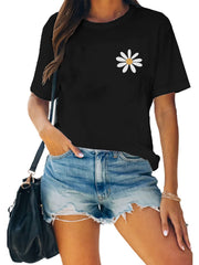 Daisy Print Graphic Tee Crew Neck Short Sleeve T Shirt Women's Summer Tops
