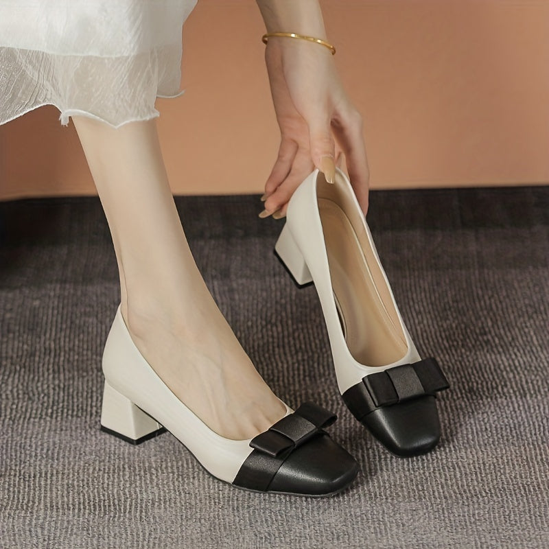 Bowknot Mid Heels Square Toe Slip-On Chunky Heels Dress Shoes