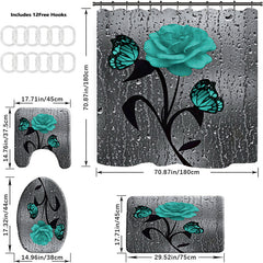 Teal Rose Shower Curtain and Bathroom Mat Set