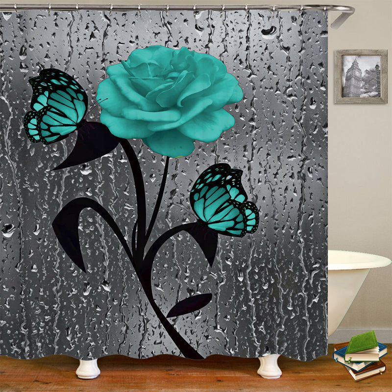 Teal Rose Shower Curtain and Bathroom Mat Set