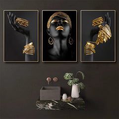 3pcs African Woman Wall Decals Golden Jewelry Canvas Painting Posters