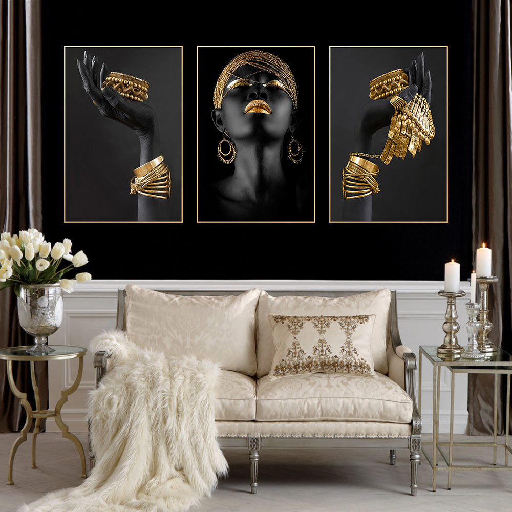 3pcs African Woman Wall Decals Golden Jewelry Canvas Painting Posters