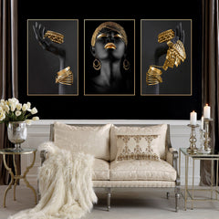 3pcs African Woman Wall Decals Golden Jewelry Canvas Painting Posters