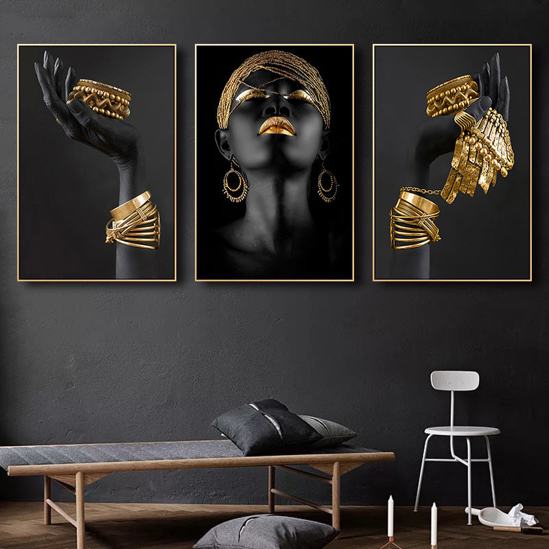 3pcs African Woman Wall Decals Golden Jewelry Canvas Painting Posters