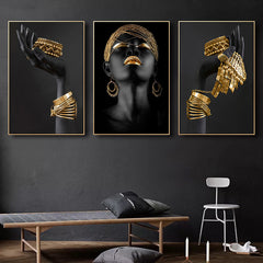 3pcs African Woman Wall Decals Golden Jewelry Canvas Painting Posters