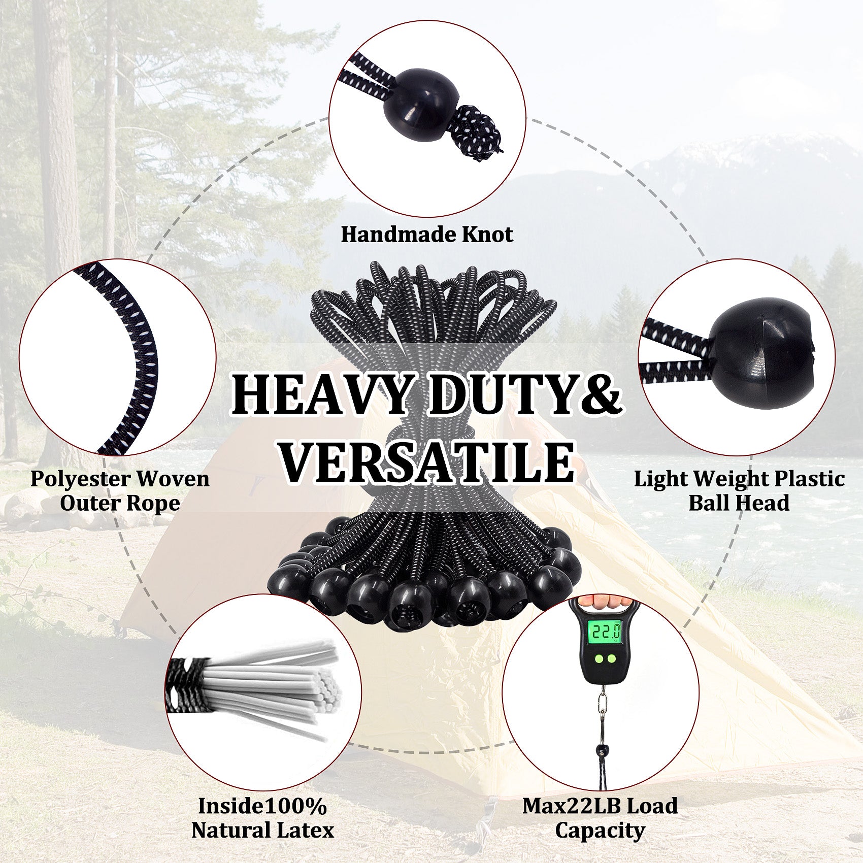 25packs 15 Ball Elastic Cord Heavy Duty & Versatile Bungee Cords