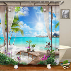 Summer Beach Shower Curtain Bathroom Non Slip Mat 4pcs Set