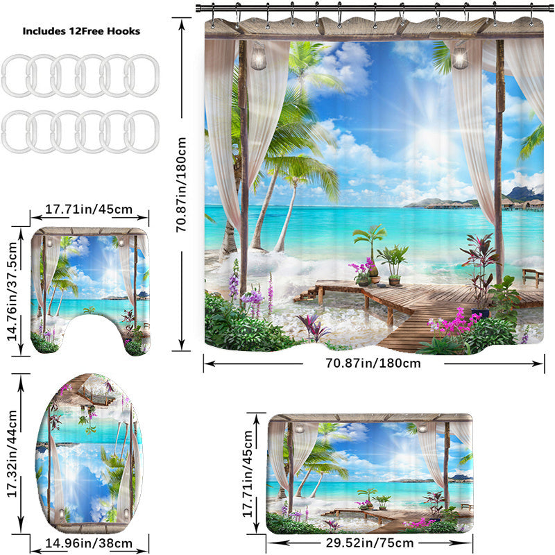 Summer Beach Shower Curtain Bathroom Non Slip Mat 4pcs Set
