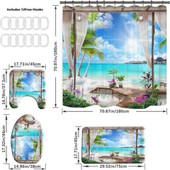 Summer Beach Shower Curtain Bathroom Non Slip Mat 4pcs Set