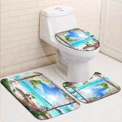 Summer Beach Shower Curtain Bathroom Non Slip Mat 4pcs Set
