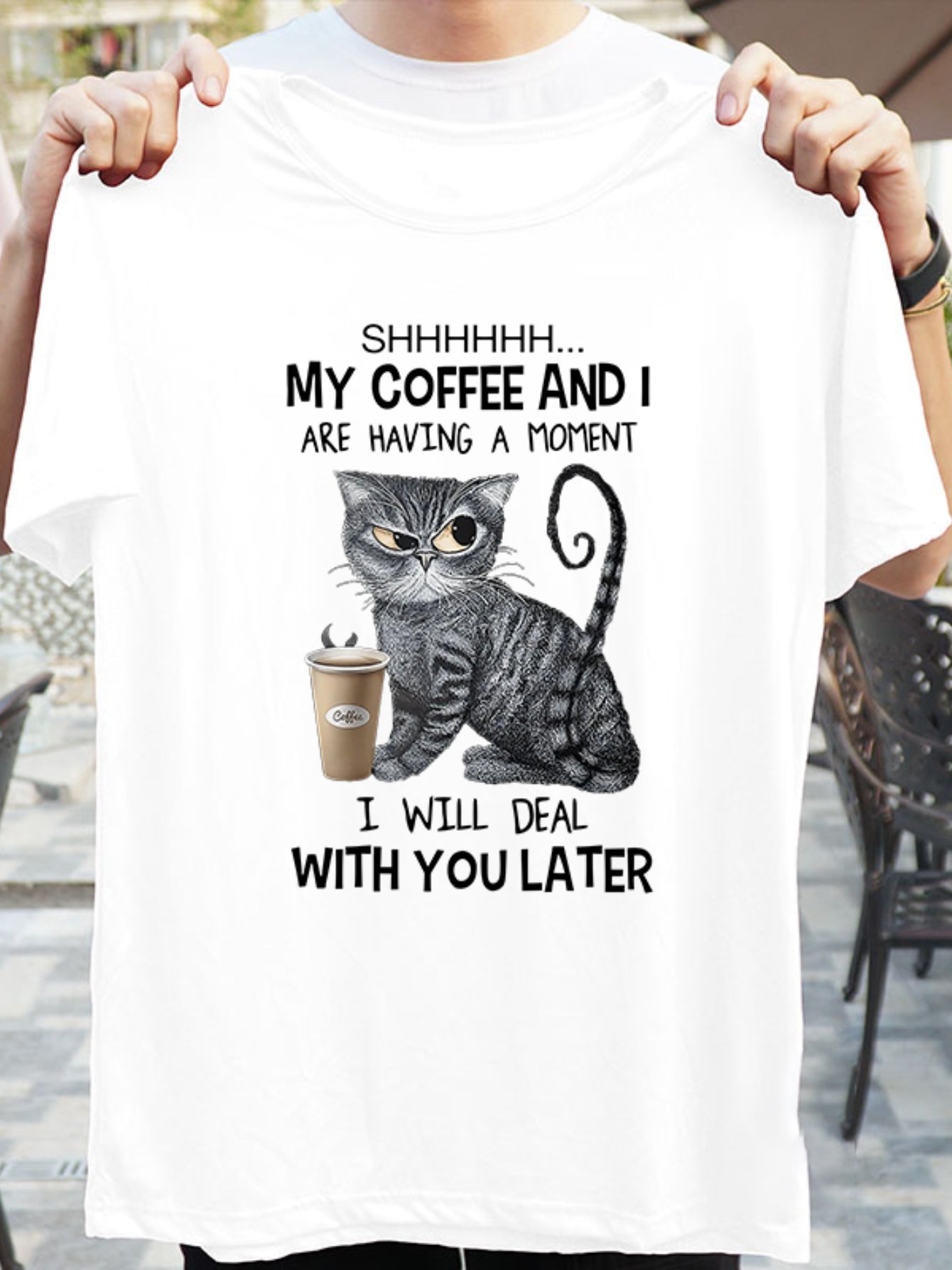 Cat & Coffee & Letter Print T shirt Crew Neck Short Sleeve Loose Top