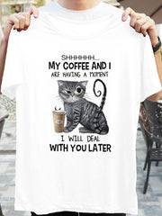 Cat & Coffee & Letter Print T shirt Crew Neck Short Sleeve Loose Top