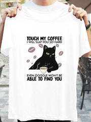 Cat & Coffee & Letter Print Casual Tee Short Sleeve T-shirt Women's Summer Top