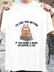 Book Cat Graphic Short Sleeved T-shirt Crew Neck Comfort