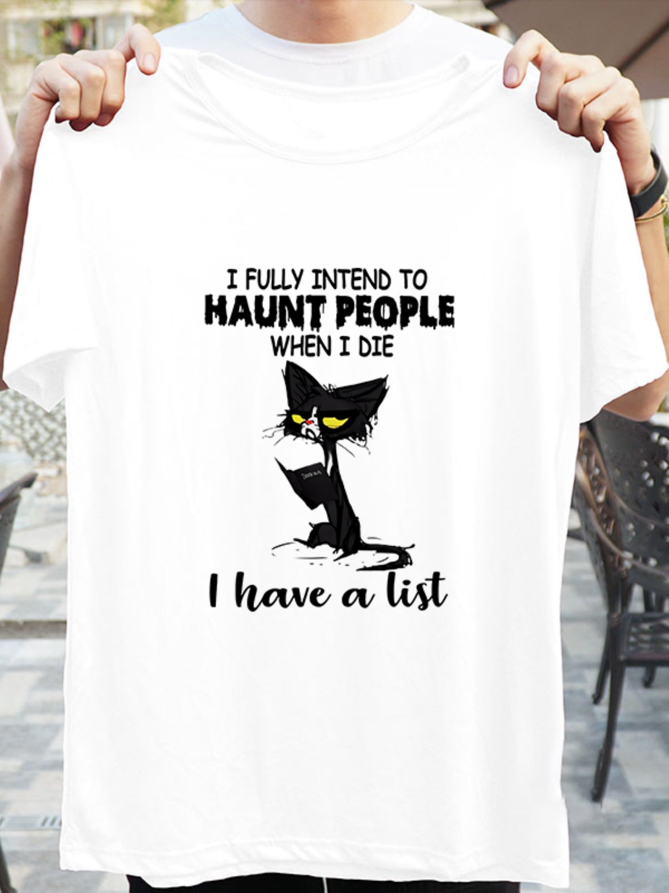 Cat Book Letter Print T-shirt Crew Neck Short Sleeve Active Tee
