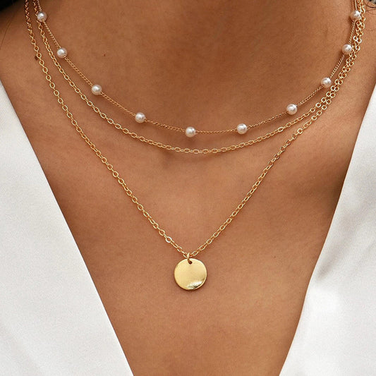 Vintage Crystal Faux Pearl Pendant Necklace Layered Collar Jewelry