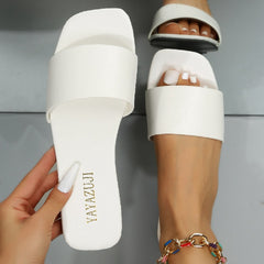 Women's Satin Flat Slippers Square Open Toe Non Slip Slides Shoes