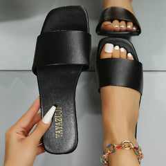 Women's Satin Flat Slippers Square Open Toe Non Slip Slides Shoes
