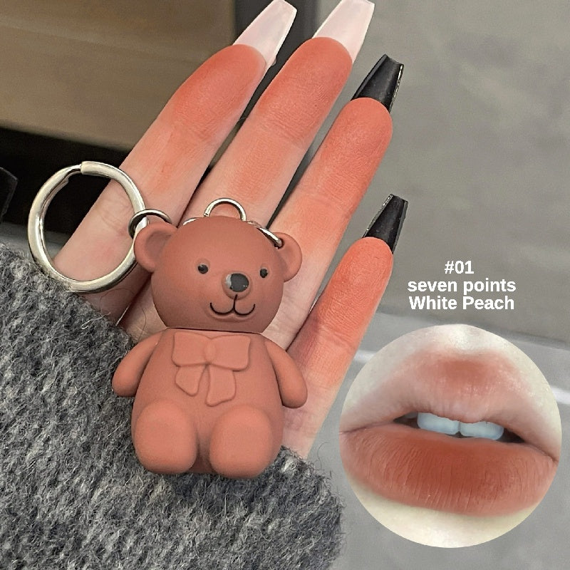 Gray Pink Matte Lip Glaze Bear Keychain Liquid Lipstick