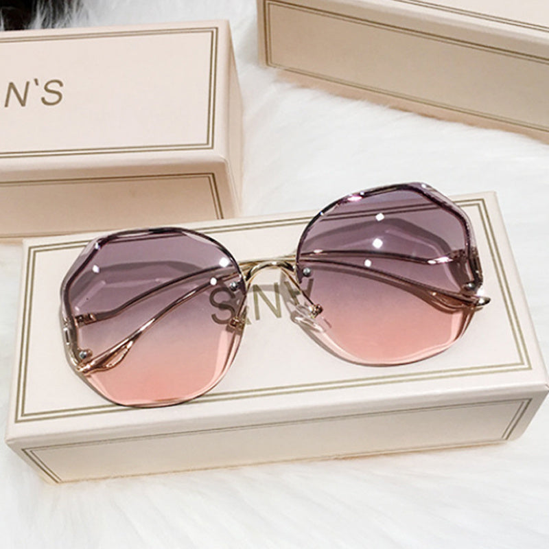 Ombre Lens Sunglasses Semi Rimless Round Frame Thin Metal Temple