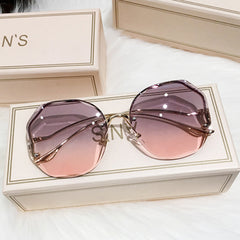 Ombre Lens Sunglasses Semi Rimless Round Frame Thin Metal Temple