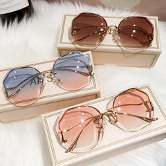 Ombre Lens Sunglasses Semi Rimless Round Frame Thin Metal Temple