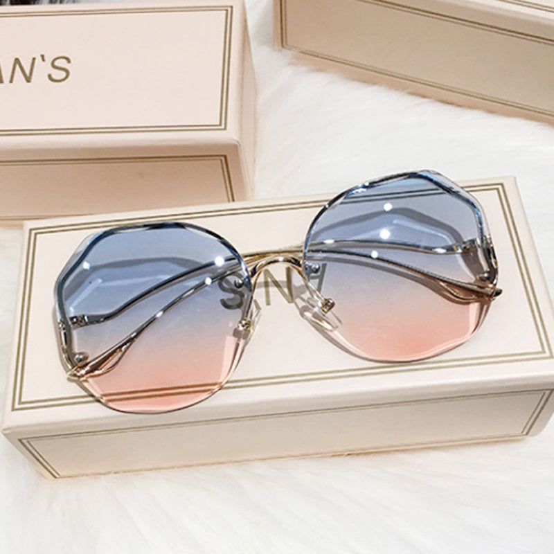 Ombre Lens Sunglasses Semi Rimless Round Frame Thin Metal Temple