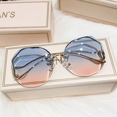 Ombre Lens Sunglasses Semi Rimless Round Frame Thin Metal Temple