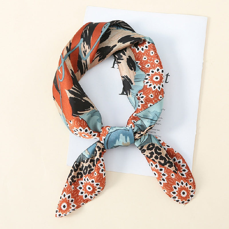 Leopard Blossom Print Scarf Satin Neckerchief Head Wrap
