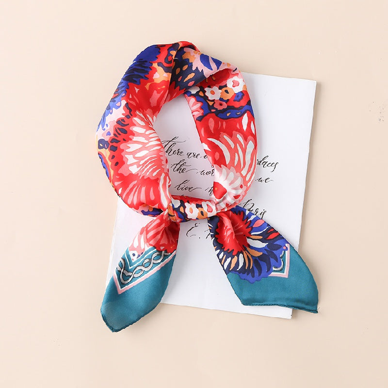 Big Flower Satin Scarf Casual Square Neckerchief Head Wrap Sunscreen