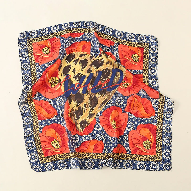 Leopard Blossom Print Scarf Satin Neckerchief Head Wrap