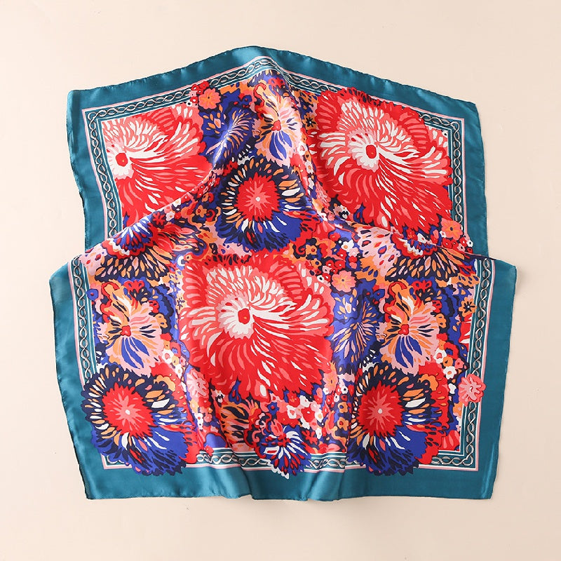 Big Flower Satin Scarf Casual Square Neckerchief Head Wrap Sunscreen