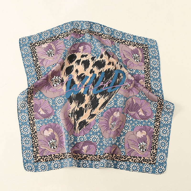 Leopard Blossom Print Scarf Satin Neckerchief Head Wrap