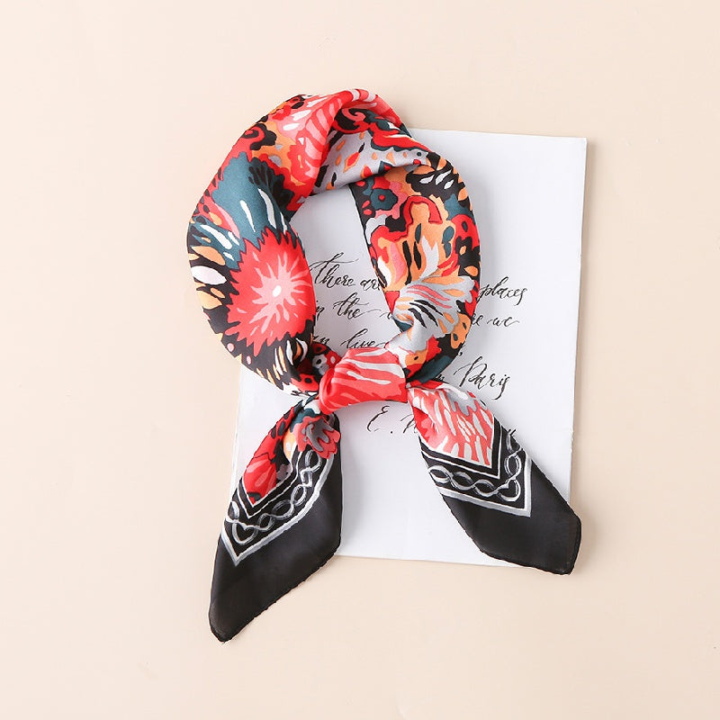 Big Flower Satin Scarf Casual Square Neckerchief Head Wrap Sunscreen