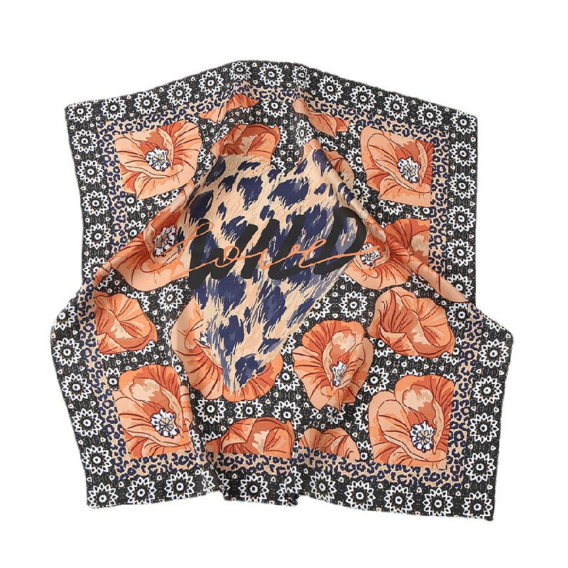 Leopard Blossom Print Scarf Satin Neckerchief Head Wrap