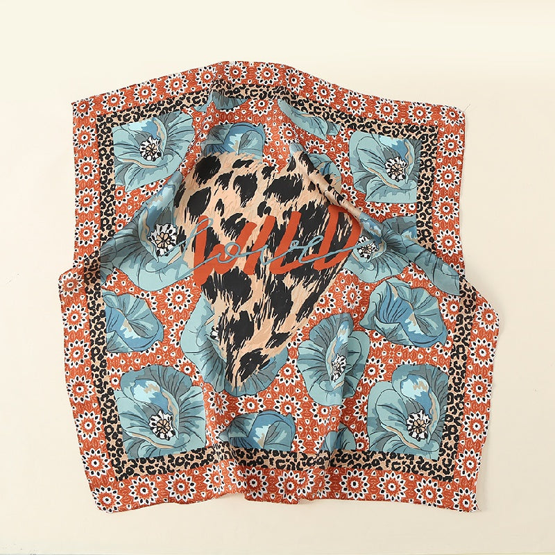 Leopard Blossom Print Scarf Satin Neckerchief Head Wrap