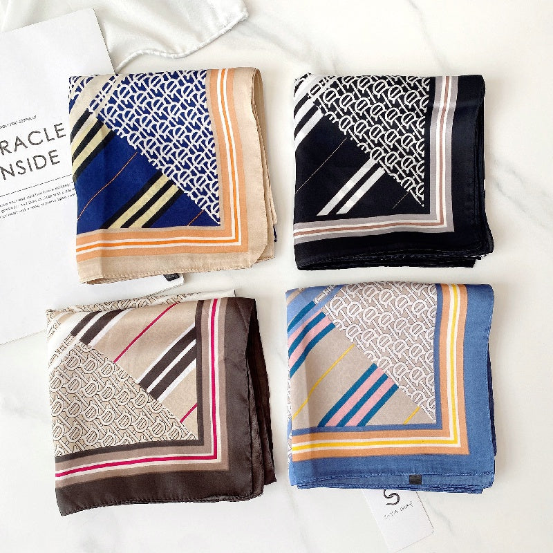 Letter Print Scarf Casual Silk Square Neckerchief Head Wrap Sunscreen Shawl