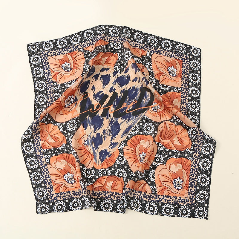 Leopard Blossom Print Scarf Satin Neckerchief Head Wrap