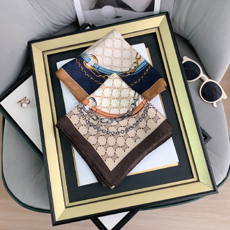 Geometric Print Silk Scarf Block Square Neck Shawl Headband
