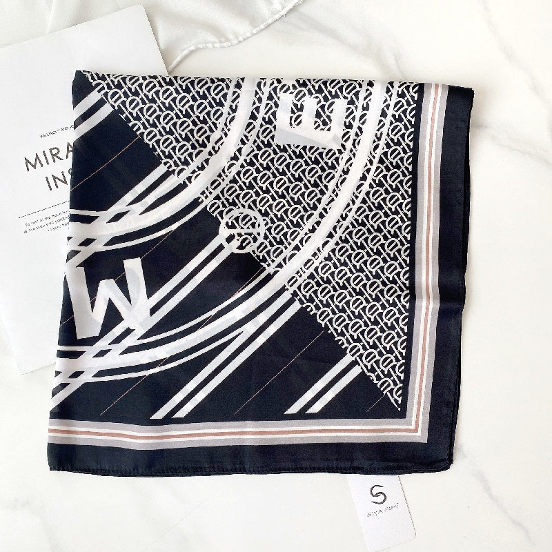 Letter Print Scarf Casual Silk Square Neckerchief Head Wrap Sunscreen Shawl
