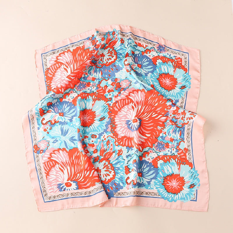 Big Flower Satin Scarf Casual Square Neckerchief Head Wrap Sunscreen