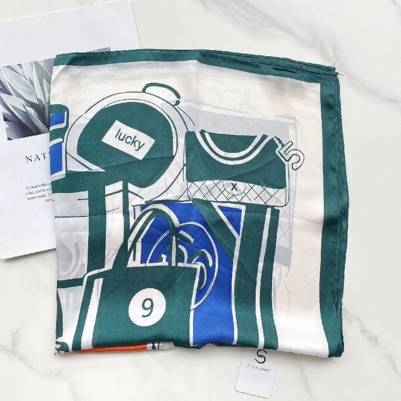 Print Casual Scarf Silk Square Neckerchief Head Wrap Sunscreen Shawl
