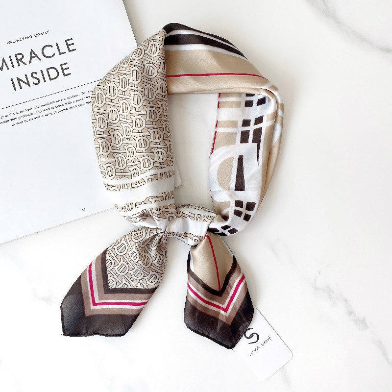 Letter Print Scarf Casual Silk Square Neckerchief Head Wrap Sunscreen Shawl