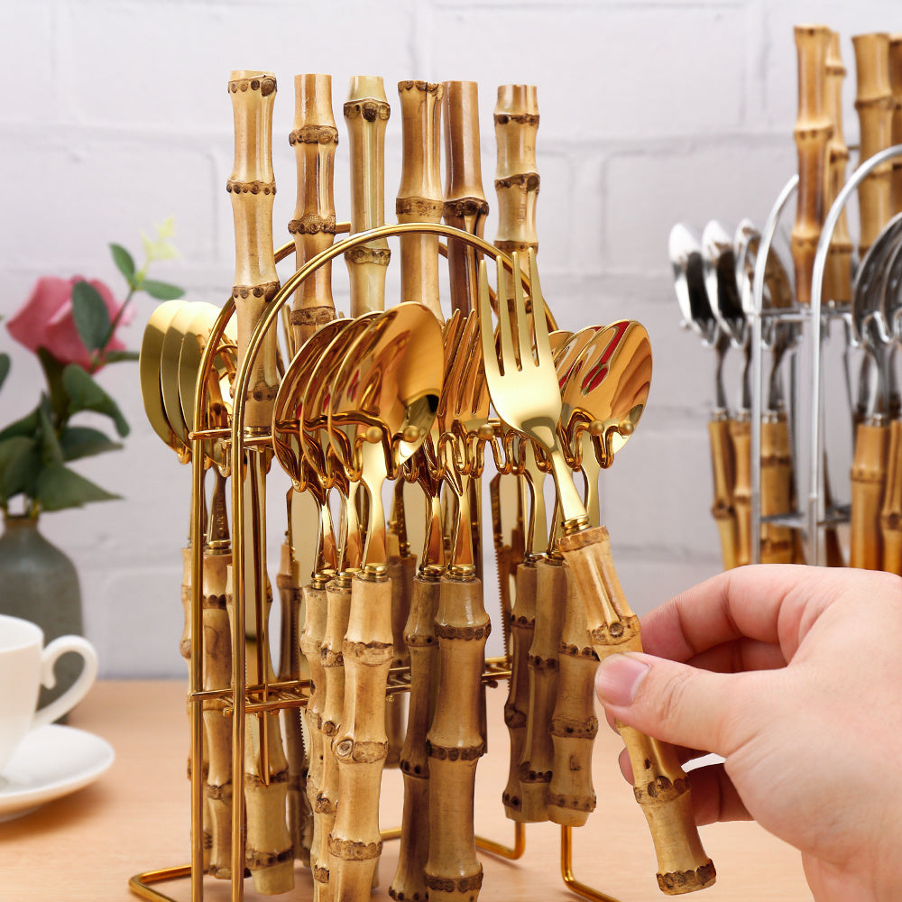 24pc Bamboo Flatware Set with Cutlery Rack